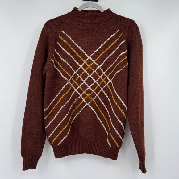 Vtg Mens Pullover mock turtleneck Sweater Retro acrylic brown graphic geometric - Picture 1 of 7